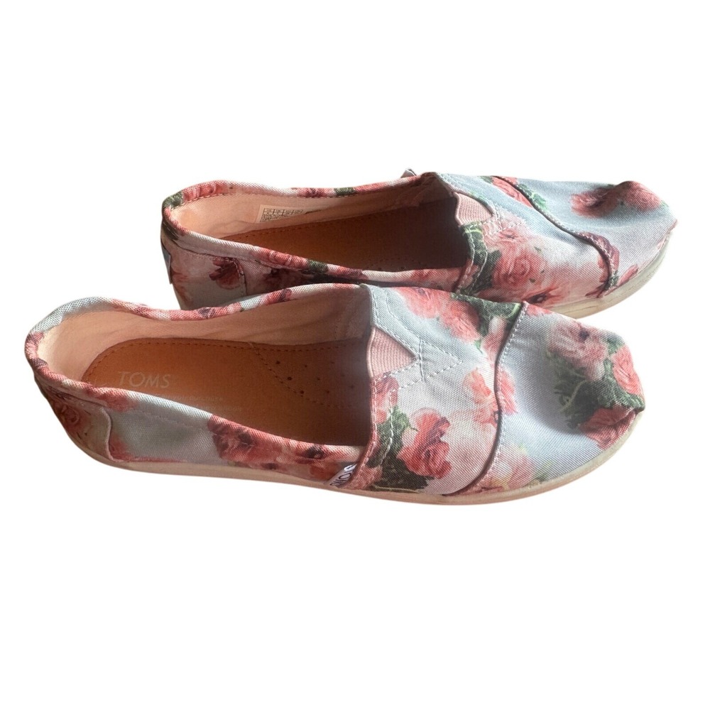 TOMS Youth 6 Floral Rose Canvas Slip On Shoes Blue Pink Alpargata Size Y6/W8